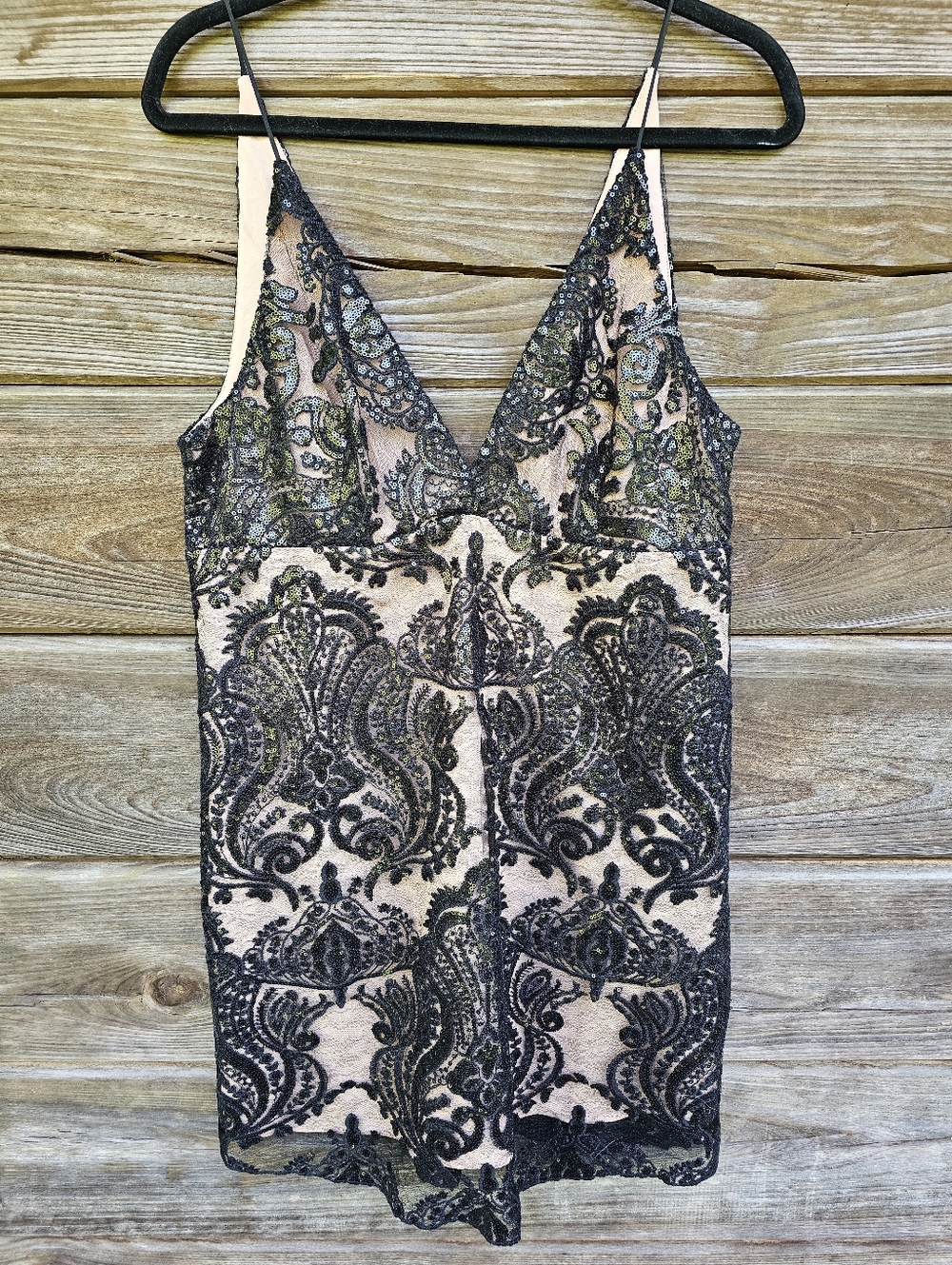 Free People Black Lace Sequin Slip Dress Size 12 Nude Sheer Party Mini
